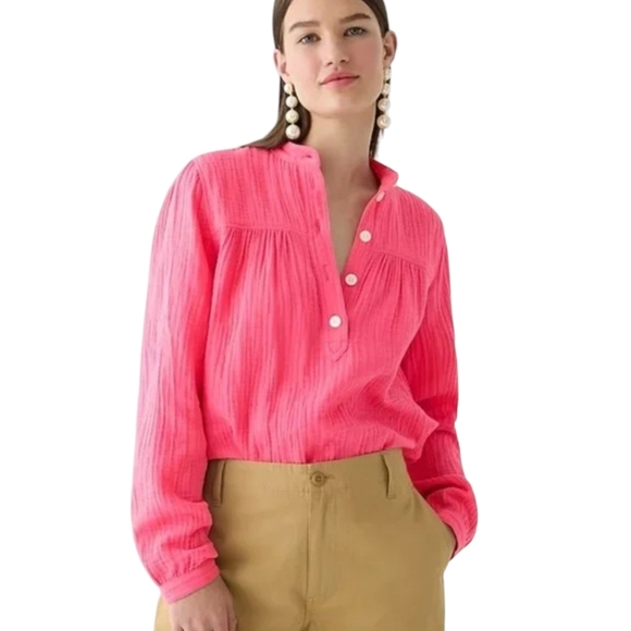 J.CREW Fresco Shirt Pink Soft Gauze Long Sleeve Button Peasant Top XS - Picture 2 of 5